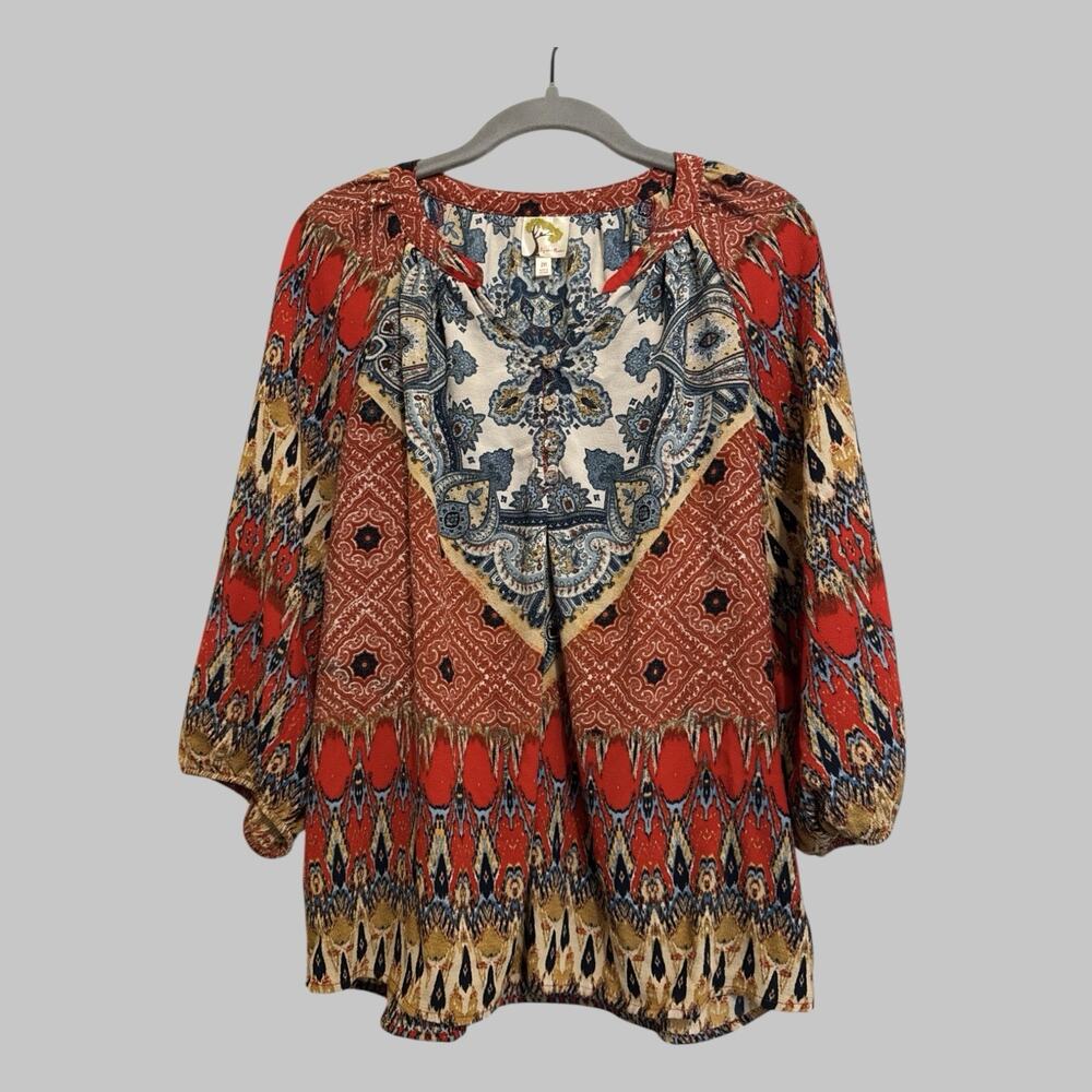 Fig & Flower Womens Medallion Paisley Earthy‎ 3/4 Sleeve Top Office Peasant M